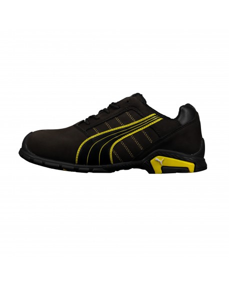 tenis puma negro con amarillo